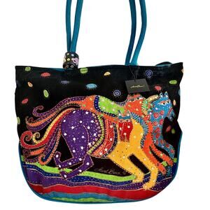Vintage Y2K Laurel Burch Horse & Cat Sequined Tote Handbag Purse Boho Colorful